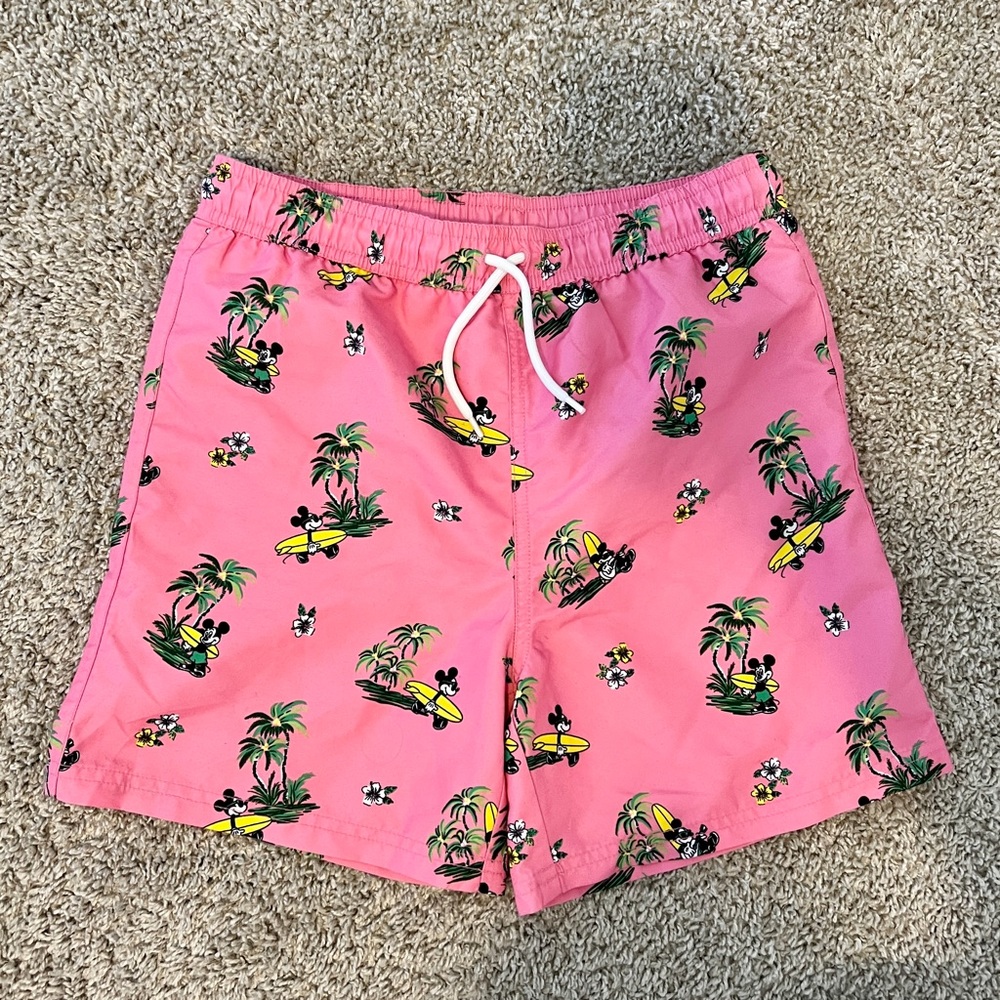 Disney x Janie and Jack Pink Mickey Mouse Swim Trunks with Tropical Print